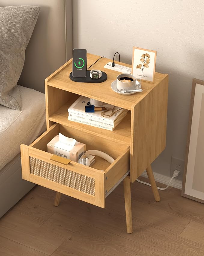 Veegle Rattan Nightstand with Outlet,Modern Bedside Table with Storage Drawer and Open Wood Shelf, for Living Room, Bedroom and Small Spaces, Accent Night Stand with Solid Wood Legs,Yellow Oak