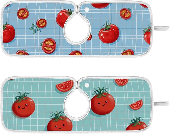 Sink Faucet Absorbing Mat Kitchen Sink Splash Guard Splash Faucet Drip Catcher for Bar RV Bathroom 2PCS 14.9x5.5in Green Grid Cute Tomato