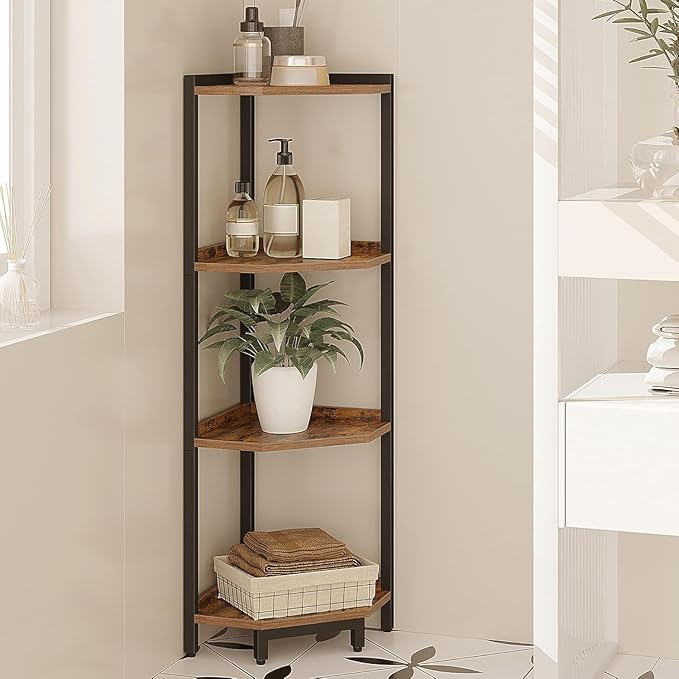 Corner Shelf Stand, Corner Bookshelf, Storage Standing Shelf Unit with Metal Frame, Plant Stand, Bookcase for Living Room, Home Office, Bedroom, 4-Tier Rustic Brown CS05801B