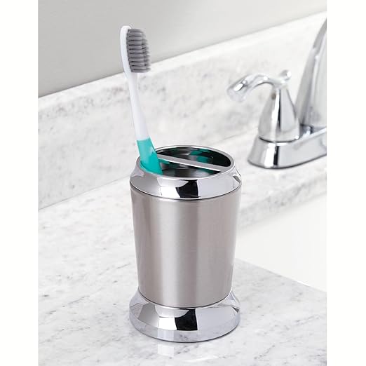 iDesign Stainless Steel Toothbrush Holder, The Preston Collection – 3" x 3" x 4.5”, Brushed & Chrome Split Finish