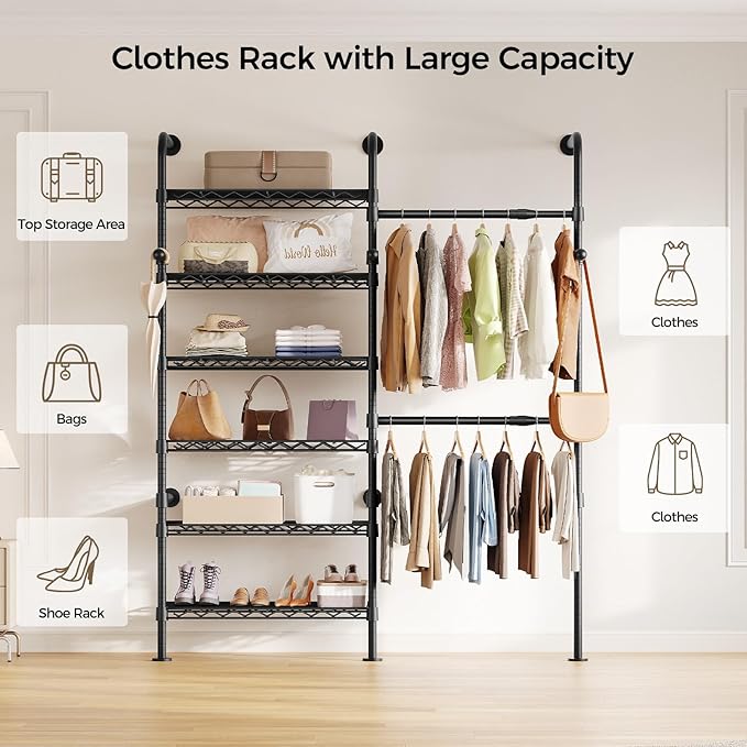 Closet Organizers and Storage, 2-Row Heavy Duty Garment Rack Clothes Rack for Hanging Clothes, Wall Mounted Closet System with 2 Telescopic Rods, 3 Hooks, 6 Shelves for Wardrobe, Bedroom, Small Space