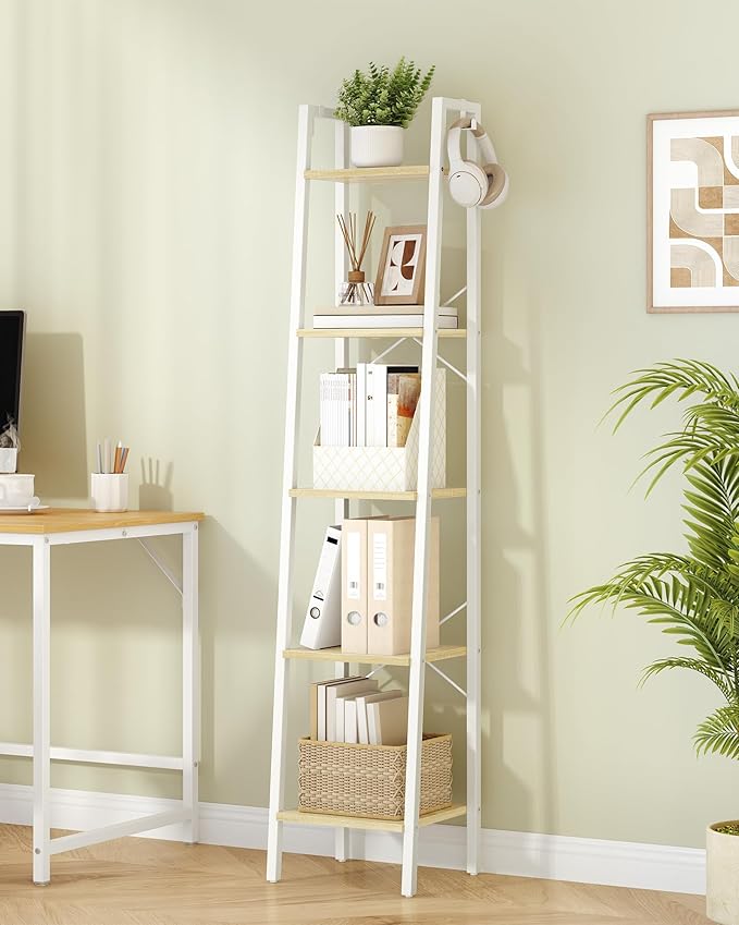 Ladder Shelf, Bookshelf Bookcase, Freestanding Corner Storage Shelve with 2 Hooks for Home Office, Living Room, Kitchen, Bedroom, Industrial, 11.8" D x 13.4" W x 63" H, White Oak and White