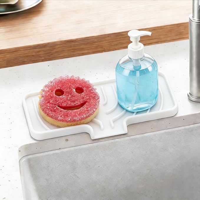 GUUKIN Sponge Holder for Kitchen Sink , 9.8"×4.9" Silicone Dish Drying Mat, Scrub Daddy Holder, Kitchen Sink Accessories, Suitable for Kitchens & Bathrooms (White)