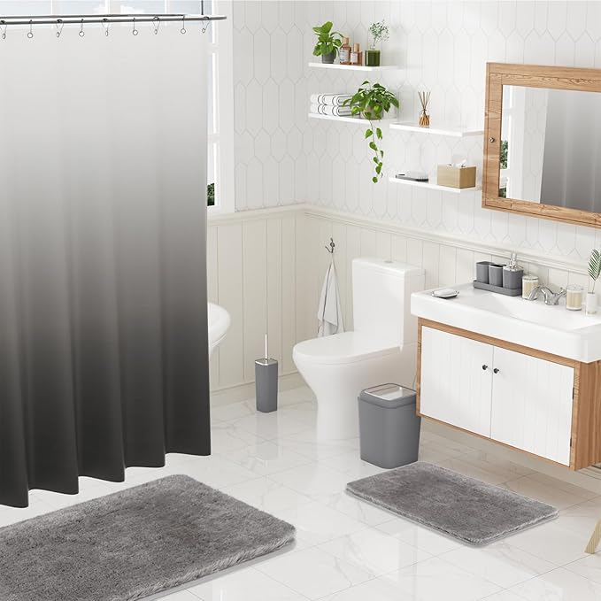 Grey Bathroom Accessories Set, Bathroom Sets with Shower Curtain and Rugs, Trash Can, Tray, Soap Dispenser, Soap Dish, Toothbrush Holder, Toothbrush Cup,Toilet Brush and Qtip Holders for Home
