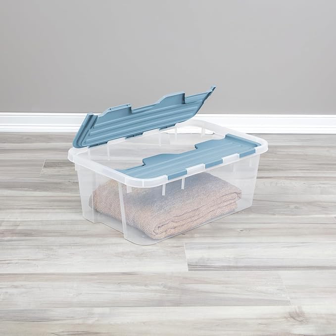 Sterilite 6 Pack Hinged Lid Storage Box, 40 Qt Plastic Container, Washed Blue - Home Organizer Tote for Storing Shoes, Crafts, Clothing, or Decor