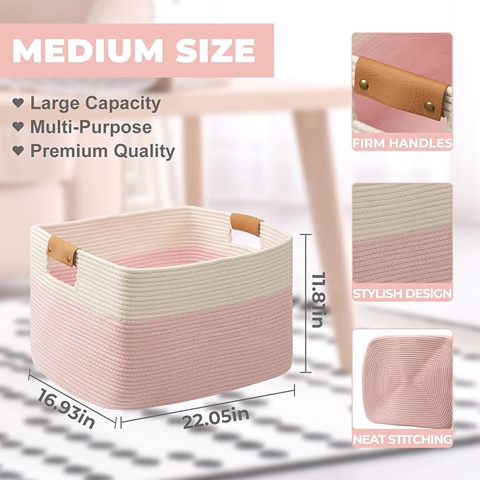 danpinera Woven Rectangle Storage Basket, Large Blanket Basket for Living Room,Kids Room, Storage Bin Box with Handle for Pillows, 22’’*17’’*11.8’’, 72L, White/Pink