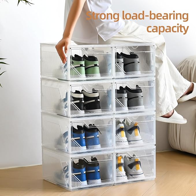 Large Shoe Boxes Clear Plastic Stackable，Drop Front Shoe Box with Clear Door, Shoe Containers For Sneaker Display,Fit up to US Size12 (white clear-Conjoined structure, 10 pack)