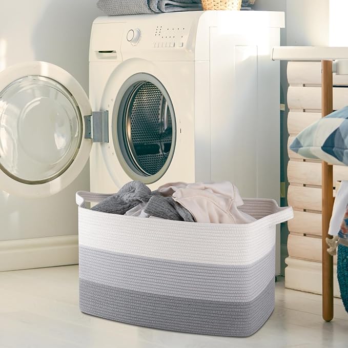 OIAHOMY Extra Large Blanket Basket, 95L Woven Storage Basket, Cotton Rope Toy Bin for Baby Room, Container for Storage in Living Room, 24''×17''×14'', Gradient Grey