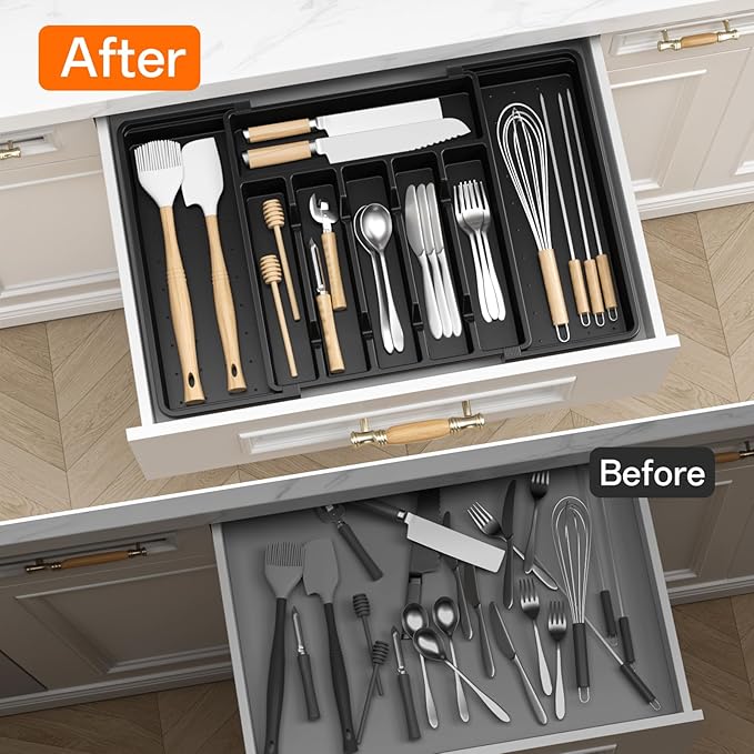 Large Silverware Organizer,Expandable Utensil Drawer Organizer,BPA Free Utensil Holder,Adjustable Silverware Tray Cutlery Drawer Organizer for Kitchen Flatware,Large,Black (6-8 Slots)