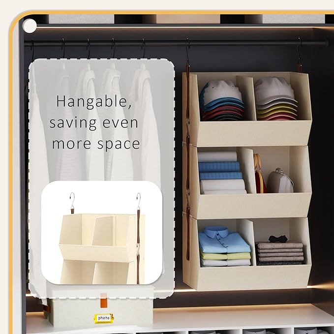 2 Pack,Hanging Closet Organizer 3 Tier,Disassemblable Clothes Hanging Shelves,Space-Saving Closet System, Fabric Storage Bins Bedroom Organization,Collapsible Baskets for Home, Dorm, Rv,Beige