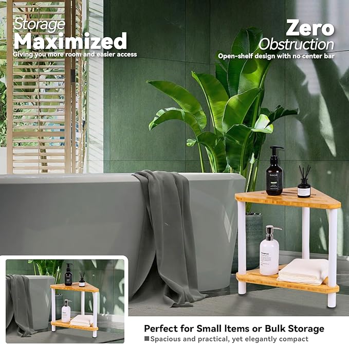 OKIIKOK Bamboo Corner Shower Stool for Inside Shower,2-Tier Waterproof Shower Bench Small Spaces,Shower Foot Rest with Storage Shelf Bath Seat White
