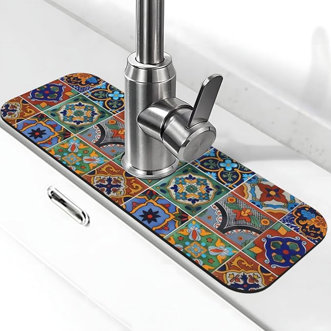Faucet Draining Mat For Kitchen Sink, Talavera Mexican Tiles Diatom Mud Absorbent Drain Pad For Bathroom Kitchen Sink Splash Guard Drying Mat