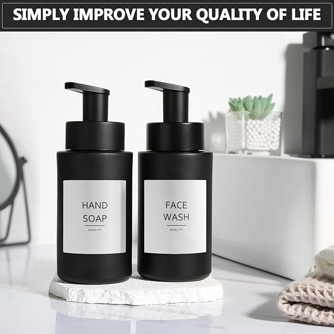Matte Black Foaming Hand Soap Dispenser, 10 oz/300ml Glass Foam Dispenser, 2 Pcs Foaming Soap Dispenser for Bathroom, Black Refillable Pump with Waterproof Labels