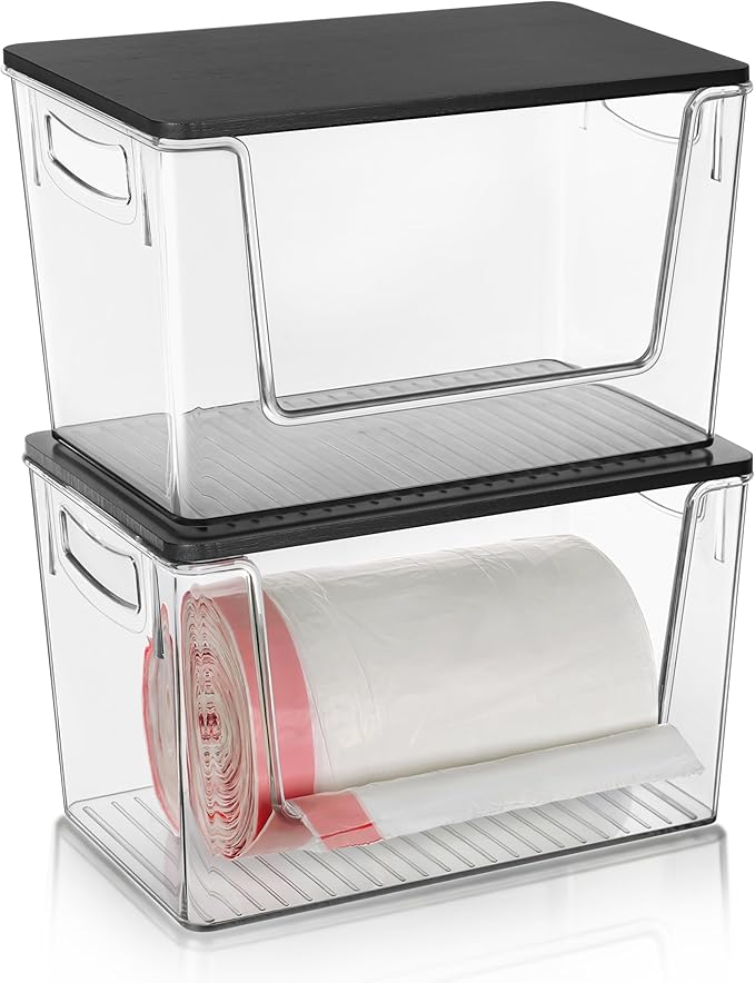 Pantry Organizers Storage, 2 Pack Under Sink Organizer Trash Bag Holder with Black Bamboo Lids Large Capacity Clear Storage Bins for Onion, Potato, Garlic, Canned Food Countertop Organizer