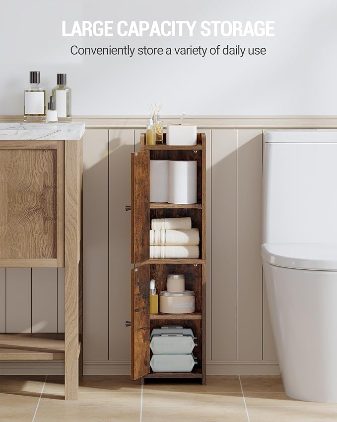 Bathroom Storage Cabinet, Small Corner Floor Cabinet with 2 Doors and Adjustable Shelf, Narrow Toilet Paper Cabinets, Bathroom Organizer for Small Spaces, 7.9"D x 7.9"W x 29.5"H Rustic Brown