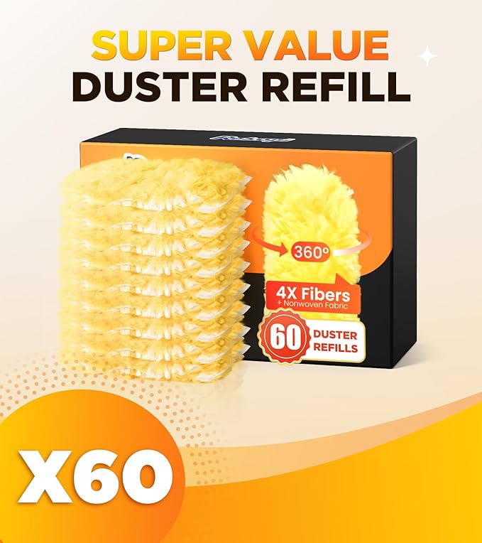 60 Count Heavy Duty Duster Refills for Swiffer, Multisurface 360° Larger Size Dusters with 4X Microfibers, Unscented Disposable Dusters for Cleaning Home, Blinds, Fans, Corners (Only Duster)