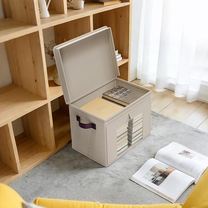 Univivi Storage Bins with Lids, Large Closet Organizers and Storage with Handles & Window, Foldable Fabric Storage Boxes with Lids for Home, Closet, Bedroom, 4 Pack, (Beige, 16.5“ x 12” x 12")