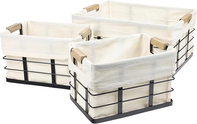 happimess BSK3002A-3SET Callan Vintage Industrial Wire Metal Nesting Storage Baskets with Wood Handles and Fabric Liner for Shelves, Cabinets, Pantry, Countertop, Mesh Open Bin, Black (Set of 3)