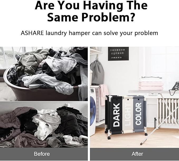 Laundry Basket 3 Section Freestanding Laundry Hamper Dirty Clothes Basket Sorter with Lid and Rolling Wheel, White+Dark+Grey