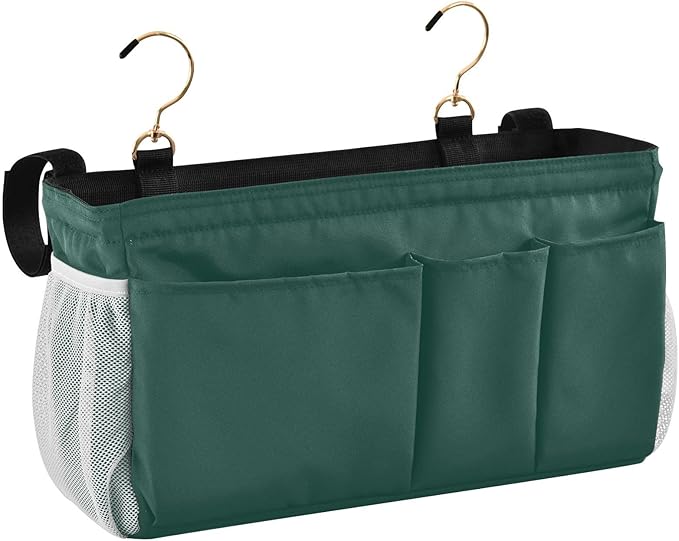 KOPIRIT Navy Cyan Bedside Caddy Storage Bag Bedside Organizer for Dorm Room Top Bunk Bed Organizer Caddy Hanging Shelf 6 Pockets with Hooks for Glasses Book Tablet Holder