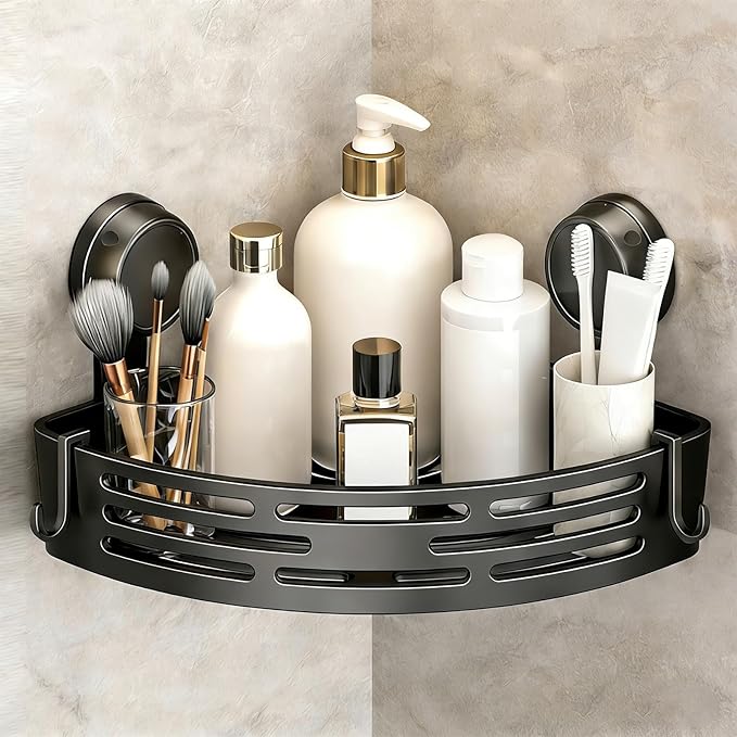 kdlgjdv Triangle Suction Cup Shower Caddy, No-Drill Bathroom Corner Shelf, Small Bathroom Storage Cabinet, Easy To Install, Heavy-Duty Strong Hold Shower Storage Rack For Shampoo & Soap (Black)