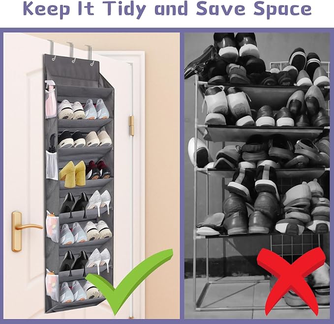 Miracsnail Over the Door Shoe Organizer Hanging with 8 Mesh Pockets 8 Wire Large Deep Pockets, 50lbs Weight Capacity Fits 16 Pairs Shoes Door Shoe Rack Store for Closet and Narrow Door 1 Pack