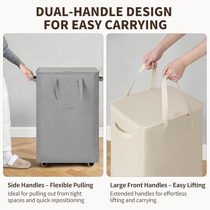 Goodpick White Laundry Basket with Wheels, 75L Rolling Laundry Hamper for Bedroom Bathroom, Foldable Large Clothes Hamper with Lid and Removable Wash Bag, 16.5" x 12.5" x 27.5"