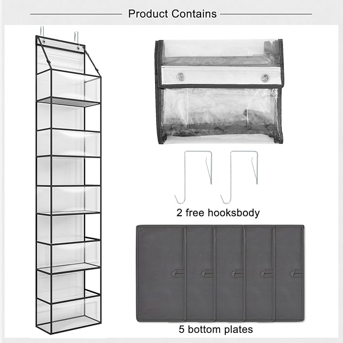 Fixwal Over The Door Hanging Pantry Organizer - 5-Shelf Room Storage With Clear Plastic Pockets for Behind The Door - Large Capacity for Closet, Bedroom, Bathroom (Grey)