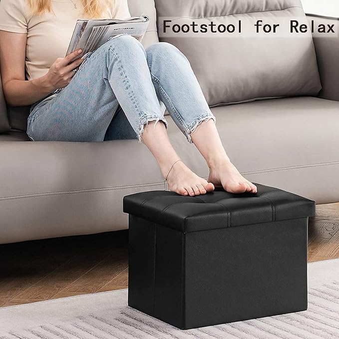 YOUDENOVA Small Ottoman, 36L Storage Space PU Faux Leather with Soft Padded Seat Footrest for Living Room Bedroom, Black