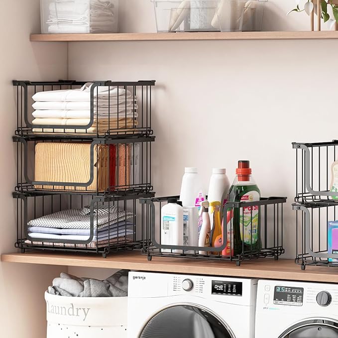 UMDONX 4 Pack Stackable Wire Baskets Storage Bins for Fruits, Vegetables, Potatoes & Onions | Pantry, Countertop, Laundry Organizer | Heavy Duty & Space Saving Black