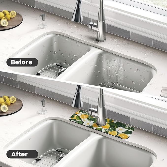 Faucet Draining Mat For Kitchen Sink, Yellow Lemons Green Leaves Diatom Mud Absorbent Drain Pad For Bathroom Kitchen Sink Splash Guard Drying Mat