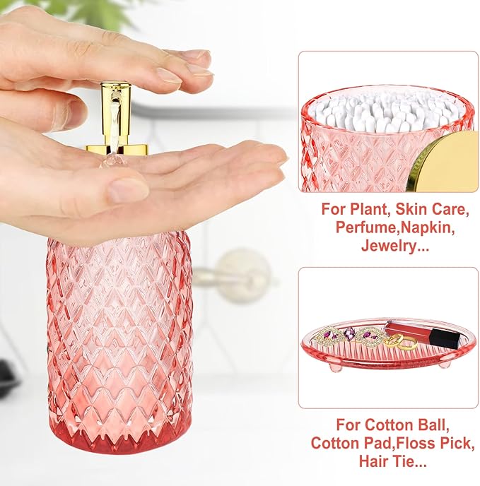 Haturi Pink Bathroom Accessories Set, 4 Pcs Glass Bathroom Accessory Set Complete w/Soap Dispenser, Toothbrush Holder, Qtip Holder, Vanity Tray, Gold Bathroom Set Decor, Gift for Girl Home Apartment