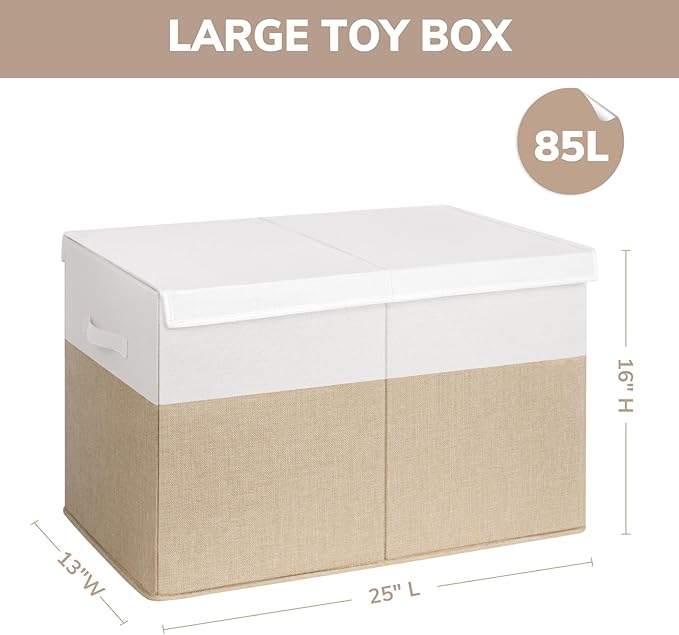 INDRESSME 25"x13"x16" Toy Box Toy Storage Organizer with Lid Collapsible Sturdy Toy Chest, Foldable Toy Bin for Living Room, Playroom, Bedroom, Toy Baskets Storage Kids, Boys, Girls (Beige & White)