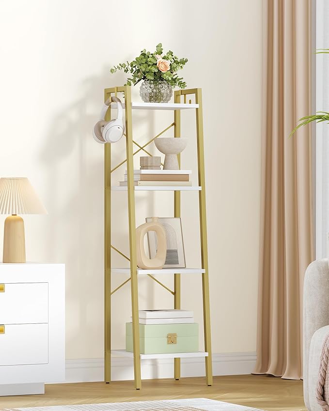 Ladder Shelf, Bookshelf Bookcase, Freestanding Corner Storage Shelve with 2 Hooks for Home Office, Living Room, Kitchen, Bedroom, Industrial, 11.8" D x 13.4" W x 47.2" H, White Gold BC13213G