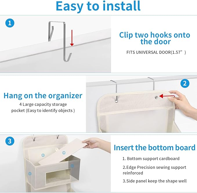 MAX Houser 5-Shelf Over The Door Hanging Organizer with 2 Metal Hooks，5 Pocket Over The Door Wall Mount Storage with Clear Windows for Baby Nursery Bathroom Closet,Bedroom,Dorm(Beige-2 Pack)