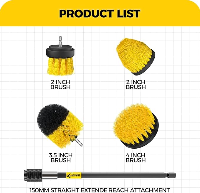 Holikme 5Pack Drill Brush Attachment Set，Power Scrubber Brush Extended Long Attachment for Bathroom Surfaces, Grout, Floors, bathtubs, Showers, Tiles, Kitchens and Cars，Yellow