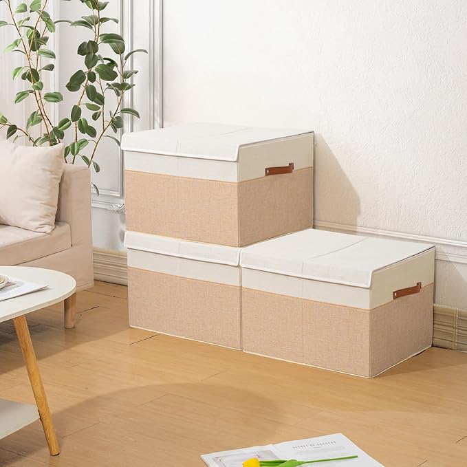 Shoe Organizer 16 Pairs, Large Shoe Storage Box Bin Containers with Adjustable Dividers for Sandals, High Heels, Sneakers, Stackable and Foldable (Beige and White)