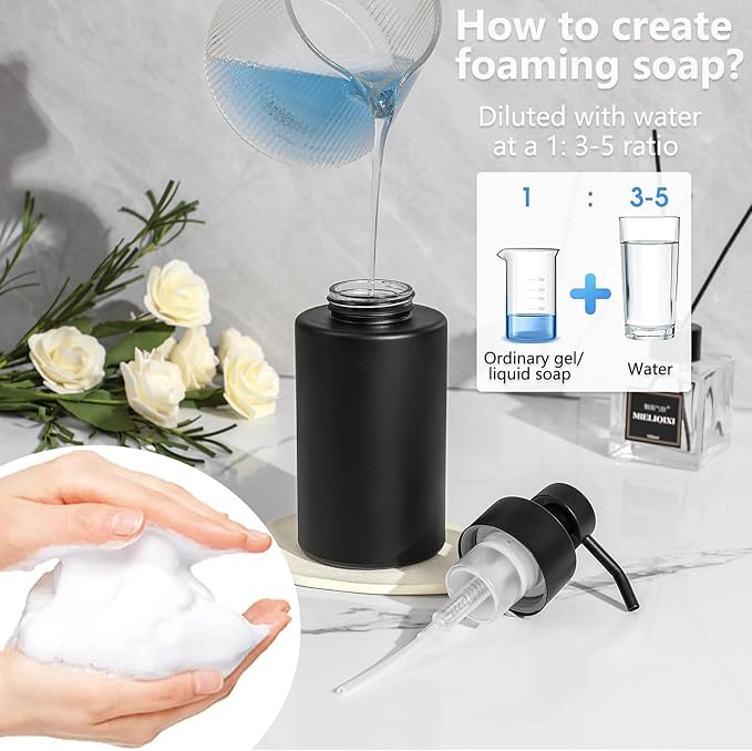 Foaming Soap Dispenser Set, 12 Oz Glass Hand Soap Dispenser with 304 Rust Proof Stainless Steel Pump, Waterproof Labels, for Bathroom Decor Kitchen College Dorm, Black