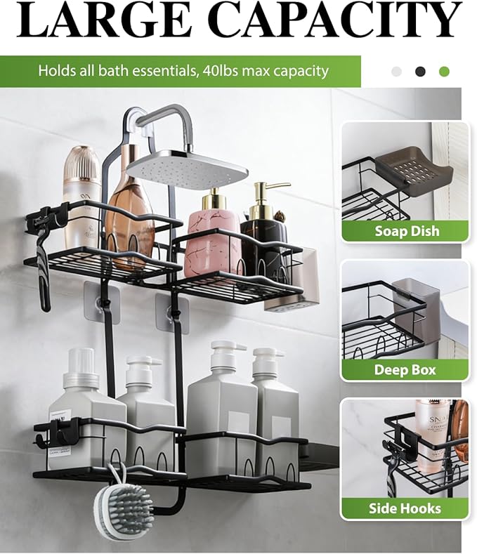 Shower Caddy Hanging – Rustproof Shower Organizer Hanging for Inside Shower – Over the Showerhead Rack with Soap Holder & Razor Hooks, No Drilling Bathroom Shower Shelves and Storage, Black