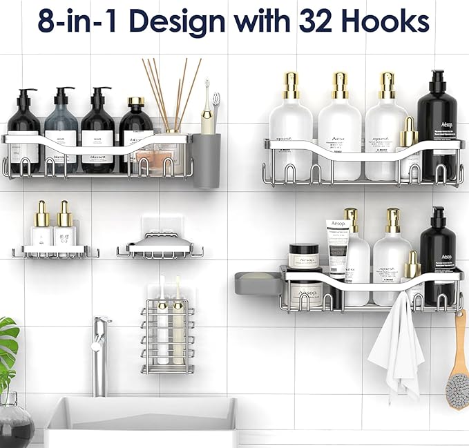 Shower Caddy Adhesive Shower Organizer 8-Pack, Rustproof Stainless Steel Bathroom Shelves, Large Capacity No-Drill Rack Storage Accessories with Soap Dish Toothbrush Holder Hooks