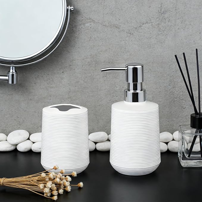 Bathroom Accessories Set, Bathroom Soap Dispenser & Toothbrush Holder Set, 2Pcs High Capacity Bathroom Set in White, Minimalist Boho Style for Clutter-Free Bathroom