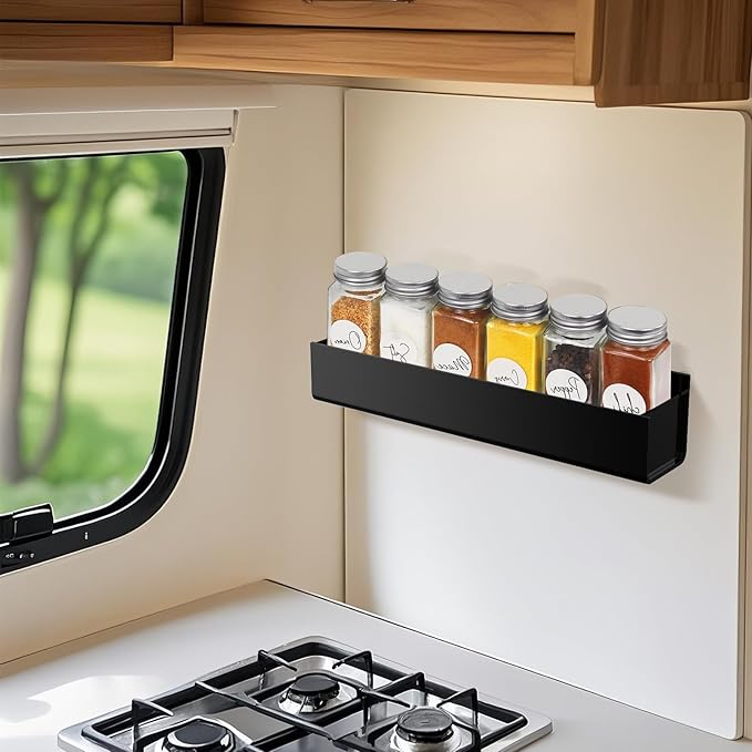 RV Spice Rack, Wall Mounted Spice Rack Organizer, 2 Pack Acrylic Storage Shelves, Cabinet Door Mounted, Black