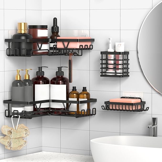 KEGII Corner Shower Caddy with Toothbrush Holder and Soap Dish, 4-Pack No Drilling Bathroom Shelves for Inside Showers, Adhesive Corner Shower Organizer for Dorm. Renters, Black