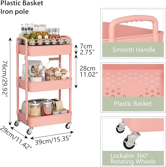 Sywhitta 3-Tier Plastic Rolling Utility Cart with Handle, Multi-Functional Storage Trolley for Office, Living Room, Kitchen, Movable Storage Organizer with Wheels, Pink
