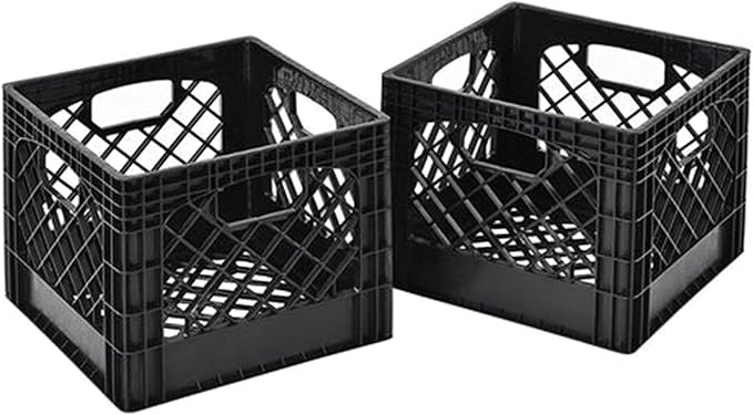 Juggernaut 16 Quart Storage Crate, Milk Crate Plastic Basket w/ 4 Handles, Organizer Bins for Office Storage & Classroom Organization, 4-Pack, Black