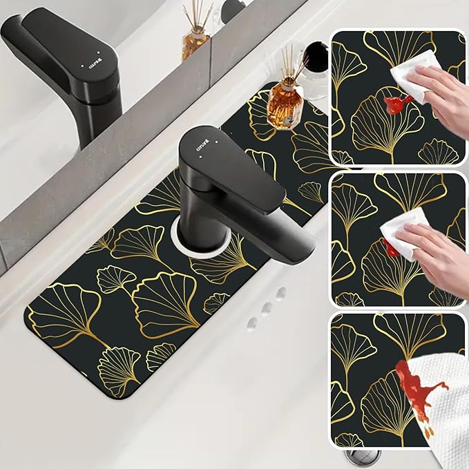 Sink Faucet Absorbing Mat Ginkgo Leaves Sink Splash Guard Drying Mat for Kitchen Bathroom Faucet Sinkmat 15.5"X5.5"