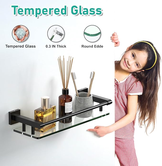 SFGSOWOR Glass Shelf 16IN for Bathroom Black Rectangular Stainless Steel Tempered Glass Modern Wall Mount Shelf Sink Over Toilet Bathroom Organizer (Matte Black, 16‘’)