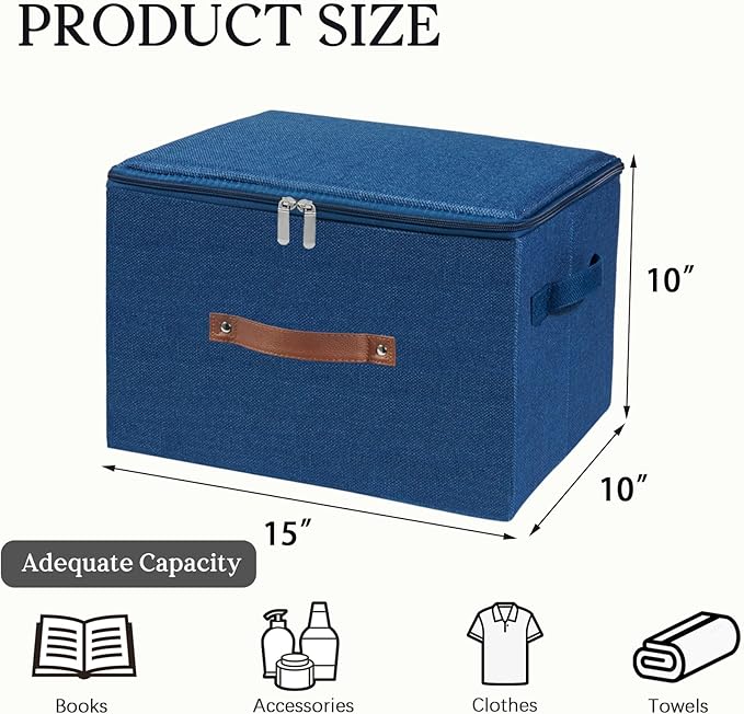 Storage Bins with Zipper Lid Foldable Fabric Lidded Storage Boxes Baskets Cubes Washable Collapsible PU Leather Handle Cotton Linen Shelves Closet Organizer Container(Dark Blue, Large Size)