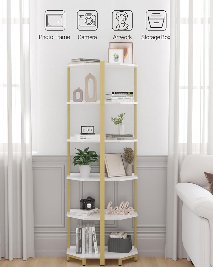 Corner Shelf Stand, Corner Bookshelf, Storage Standing Shelf Unit with Metal Frame, Plant Stand, Bookcase for Living Room, Home Office, Bedroom, 6-Tier White Gold CS06003A