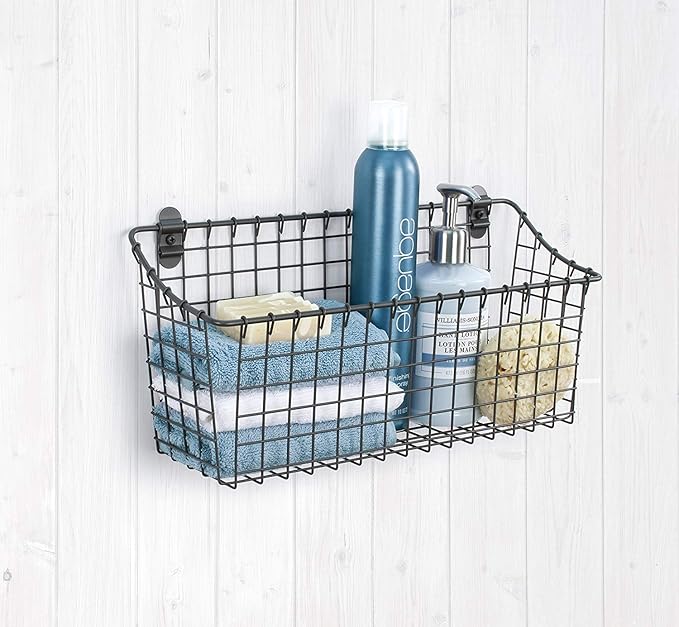 Spectrum Extra Large Wire Wall Mount Storage Basket Industrial Gray, Vintage Wire Basket Wall Mount Organizer Modern for Pantry Kitchen and Bath, Versatile Wall Mount Storage Basket Wire Caddy